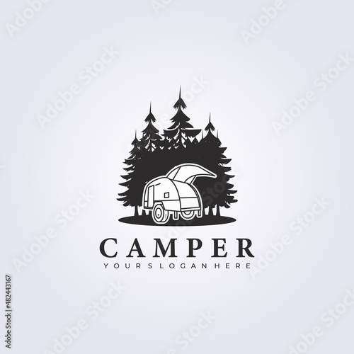 teardrop camping van fifth wheels logo vector illustration forest outdoor jungle design photo