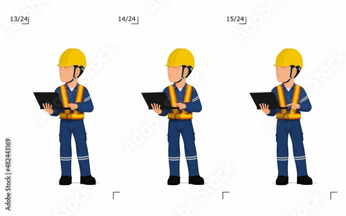 An industrial worker with laptop is explaining something on white background