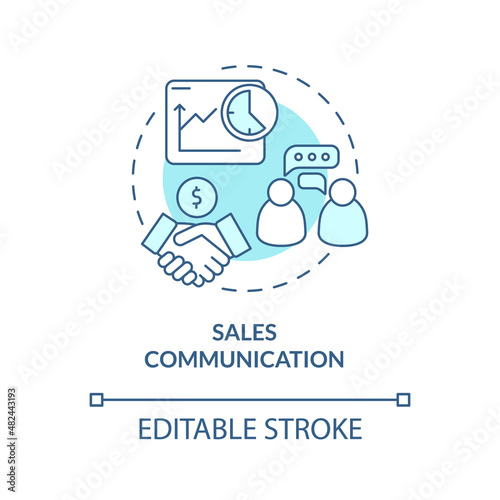 Sales communication turquoise concept icon. Salespeople skills abstract idea thin line illustration. Business conversation. Isolated outline drawing. Editable stroke. Arial, Myriad Pro-Bold fonts used
