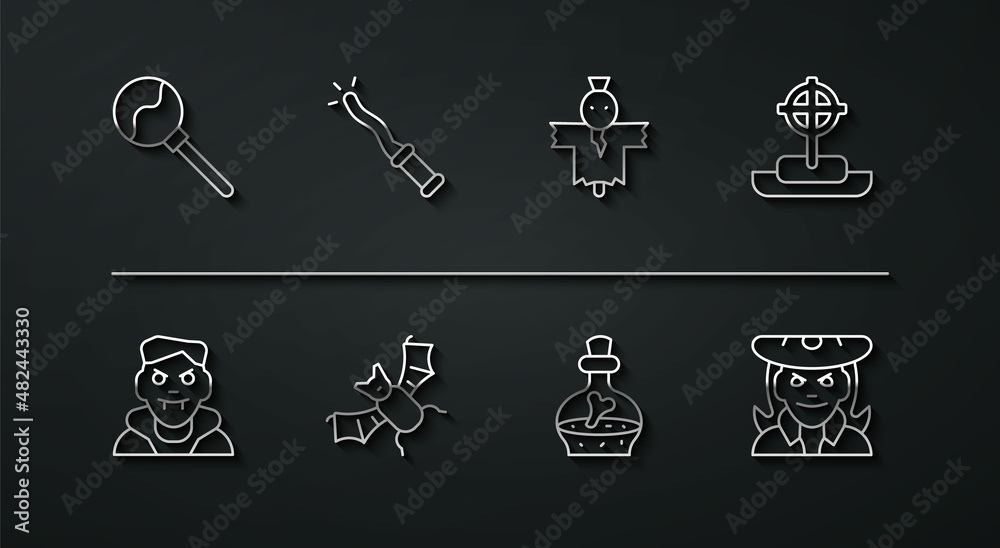 Set line Lollipop, Vampire, Tombstone with cross, Bottle potion, Flying bat, Magic wand, Witch and Scarecrow icon. Vector