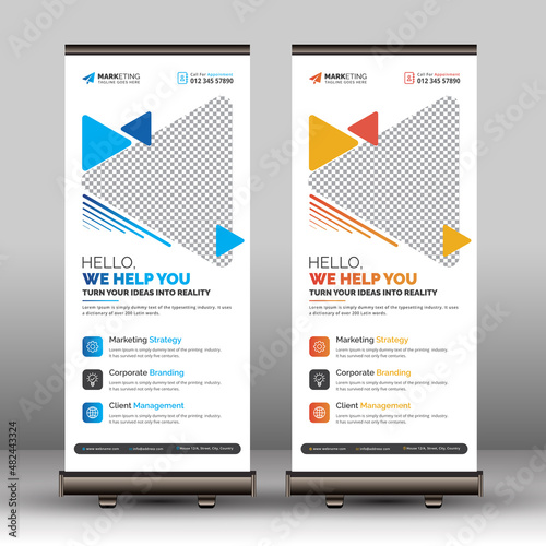 Blue Yellow Corporate Roll Up Banner Template Example, Modern Business Signage Standee X Banner Pop Up Design Sample with Abstract Shapes