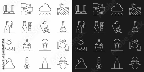 Set line Wine tasting, degustation, Tap for barrel, Decanter wine, Cloud with rain, Bottle of, temperature, Wooden and Grapes icon. Vector