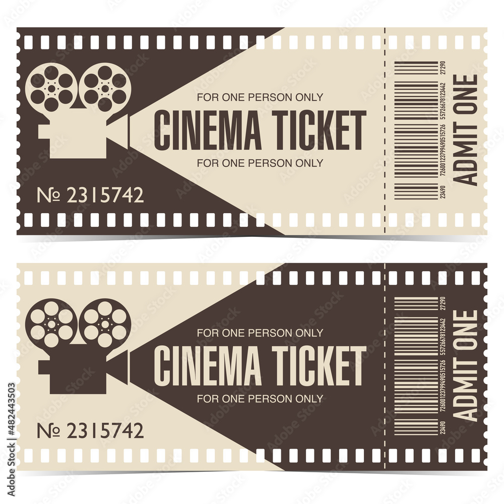 Cinema ticket in the form of a film strip. Beige brown tear-off or detachable movie ticket or film ticket with barcode and cinema projector or retro movie camera with film reel.