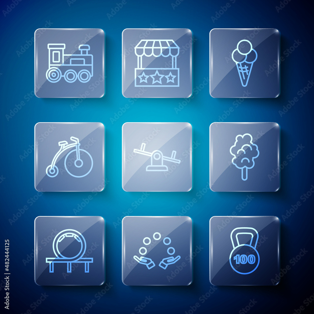 Set line Roller coaster, Juggling ball, Weight, Ice cream waffle cone, Seesaw, Vintage bicycle, Toy train and Cotton candy icon. Vector Set line Roller coaster, Juggling ball, Weight, Ice cream waffle cone, Seesaw, Vintage bicycle, Toy train and Cotton candy icon. Vector