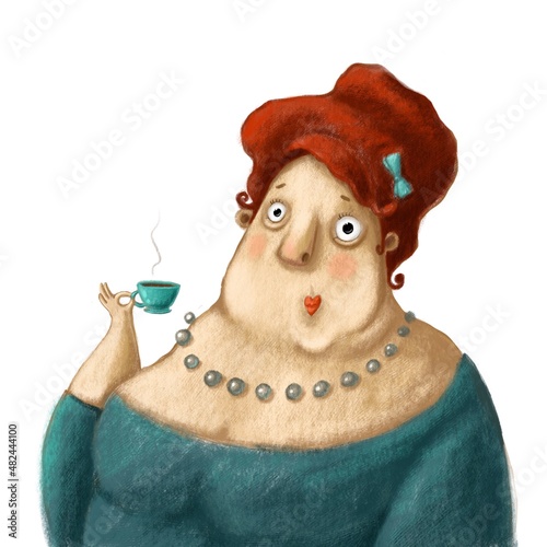 woman and coffee cup fanny portrait, pastels illustration, comic clipart with cartoon character