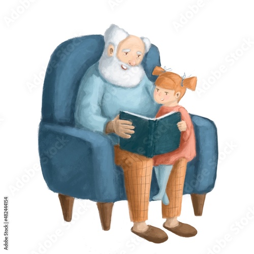 grandfather and granddaughter reading a book in the armchair, watercolor style illustration, family clipart