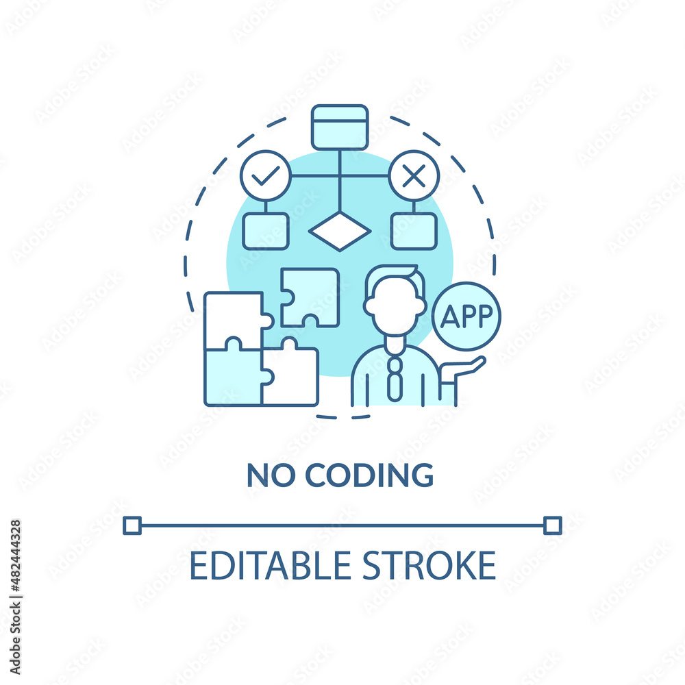 No coding turquoise concept icon. Build platform with low code requirements. Web 3 0 abstract idea thin line illustration. Isolated outline drawing. Editable stroke. Arial, Myriad Pro-Bold fonts used No coding turquoise concept icon. Build platform with low code requirements. Web 3 0 abstract idea thin line illustration. Isolated outline drawing. Editable stroke. Arial, Myriad Pro-Bold fonts used