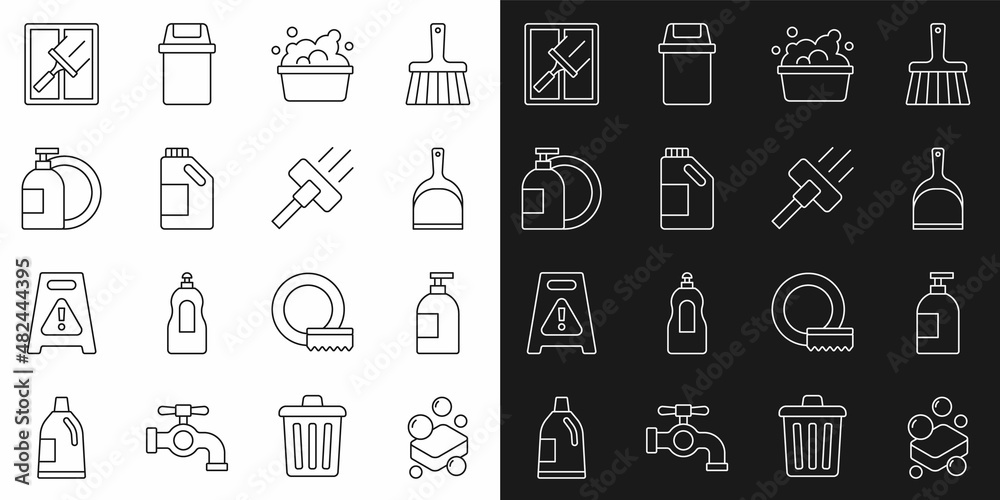 Set line Bar of soap, Dishwashing liquid bottle, Dustpan, Basin with suds, Bottle for cleaning agent, Rubber cleaner windows and Vacuum icon. Vector Set line Bar of soap, Dishwashing liquid bottle, Dustpan, Basin with suds, Bottle for cleaning agent, Rubber cleaner windows and Vacuum icon. Vector