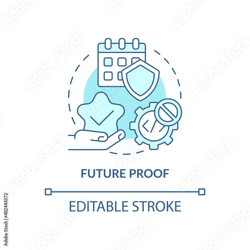 Future proof turquoise concept icon. Goals and events for business projects. Web 3 0 abstract idea thin line illustration. Isolated outline drawing. Editable stroke. Arial, Myriad Pro-Bold fonts used photo