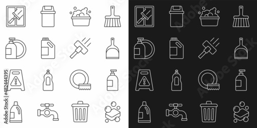 Set line Bar of soap, Dishwashing liquid bottle, Dustpan, Basin with suds, Bottle for cleaning agent, Rubber cleaner windows and Vacuum icon. Vector