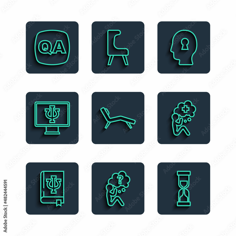 Set line Psychology book, Psi, Head with question mark, Old hourglass, Solution to the problem, Armchair, Psychologist online, Question and Answer and Helping hand icon. Vector