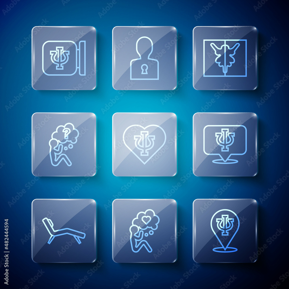 Set line Armchair, Head with heart, Psychology, Psi, Rorschach test, question mark, and icon. Vector Set line Armchair, Head with heart, Psychology, Psi, Rorschach test, question mark, and icon. Vector