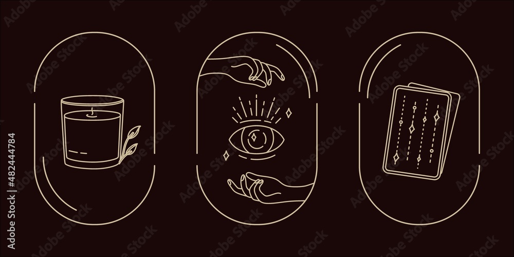 Magical symbols set of doodles esoteric boho mystical hand-drawn elements stone crystals. In gold color on a black background. Magical vector elements