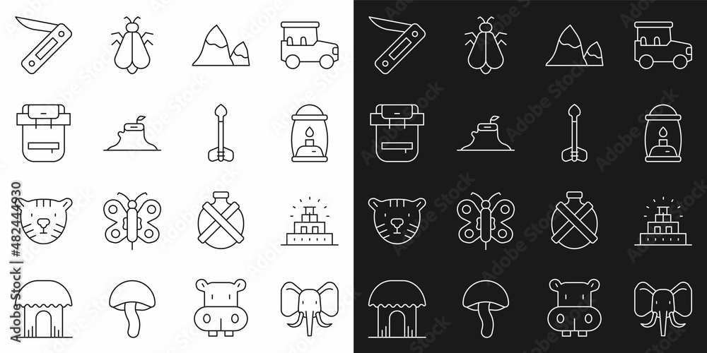 Set line Elephant, Chichen Itza in Mayan, Camping lantern, Mountains, Tree stump, Hiking backpack, Swiss army knife and Arrow icon. Vector Set line Elephant, Chichen Itza in Mayan, Camping lantern, Mountains, Tree stump, Hiking backpack, Swiss army knife and Arrow icon. Vector