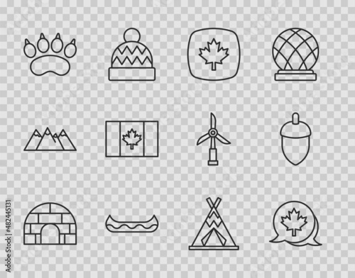 Set line Igloo ice house, Canadian maple leaf, Kayak, Bear paw footprint, Flag of Canada, Indian teepee or wigwam and Acorn icon. Vector