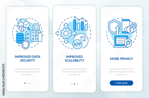 Web 3 0 benefits blue onboarding mobile app screen. No code option walkthrough 3 steps graphic instructions pages with linear concepts. UI, UX, GUI template. Myriad Pro-Bold, Regular fonts used