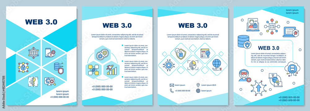 Web 3 0 brochure template. Low code solution. Booklet print design with linear icons. Vector layouts for presentation, annual reports, ads. Arial-Black, Myriad Pro-Regular fonts used
