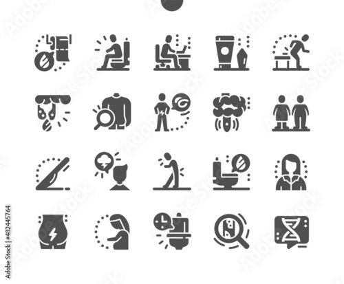 Hemorrhoids. Abdominal pain. Movements, hygiene, digestion, fistula, intestine and diarrhea. Health care, medical and medicine. Vector Solid Icons. Simple Pictogram