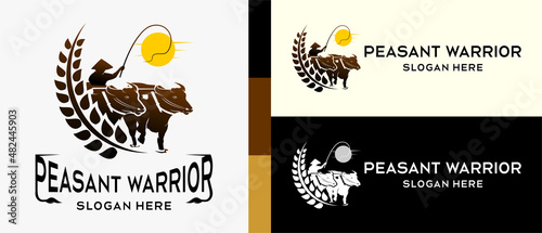 rice field plow logo design template in vintage style with creative concept of buffalo, rice or wheat silhouette elements and people. premium logo illustration vector