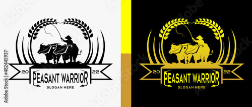 Plow paddy field logo design template in vintage style with concept of buffalo, people and rice or wheat silhouette elements. premium logo illustration vector