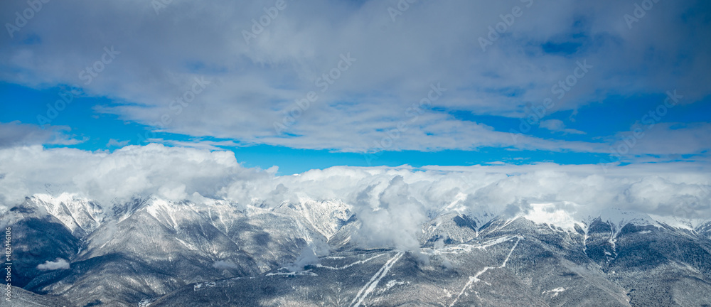 Panorama of snowy mountains. Caucasus mountains