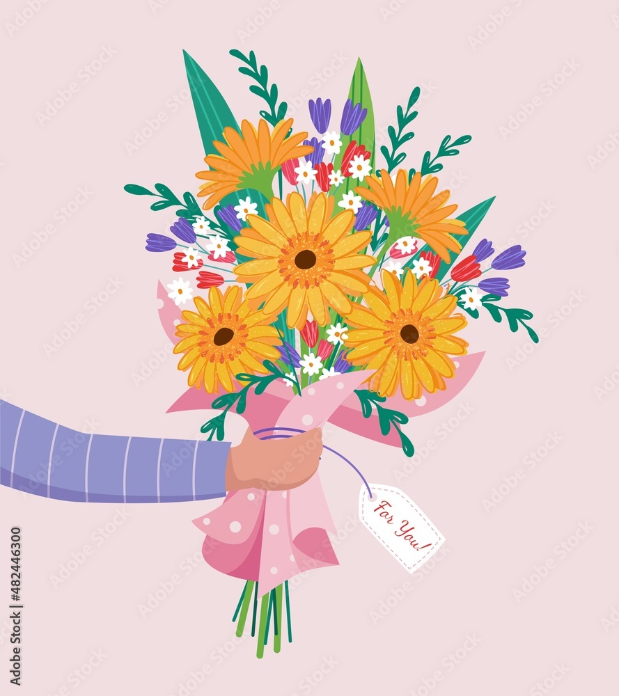 Vector bouquet hand holding gerbera, of red, orange, yellow, blue and purple flowers isolated on a pink background. March 8 Valentine's Day Vector bouquet hand holding gerbera, of red, orange, yellow, blue and purple flowers isolated on a pink background. March 8 Valentine's Day