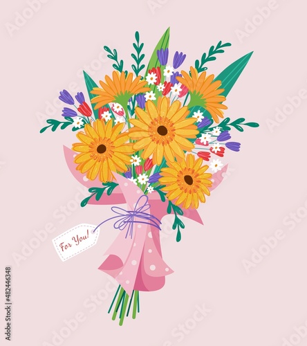 Vector bouquet gerbera, of red, orange, yellow, blue and purple flowers isolated on a pink background. March 8 Valentine's Day