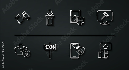Set line Auction hammer, jewelry sale, Online auction, Hand holding paddle, auctioneer sells, and painting icon. Vector