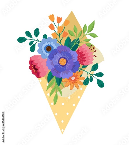 Vector bouquet wildflowers, of red, orange, yellow, blue and purple flowers isolated on yellow background. March 8 Valentine's Day