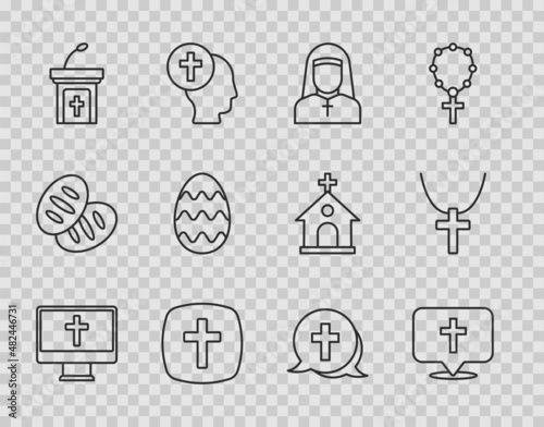 Set line Christian cross on monitor, Location church building, Nun, Church sermon tribune, Easter egg, and chain icon. Vector