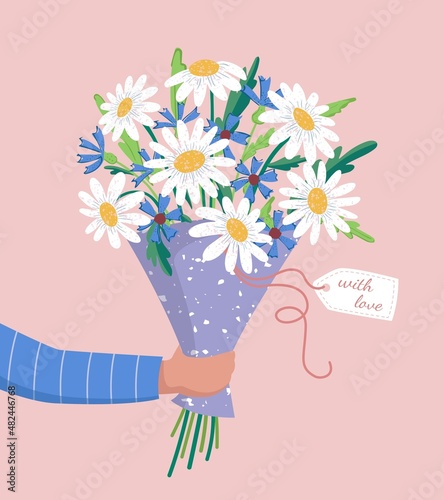 Vector bouquet hand holding chamomile, of red, orange, yellow, blue and purple flowers isolated on a pink background. March 8 Valentine's Day