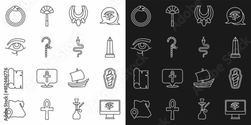 Set line Eye of Horus on monitor, Egypt mummy in sarcophagus, Obelisk Alexandria, Egyptian necklace, Crook, Magic symbol Ouroboros and Snake icon. Vector