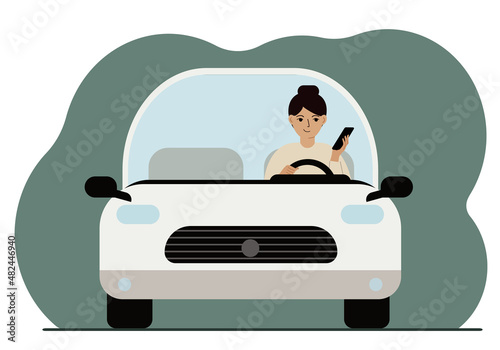 Woman using smartphone while driving a car. Driving hazard. Vector flat