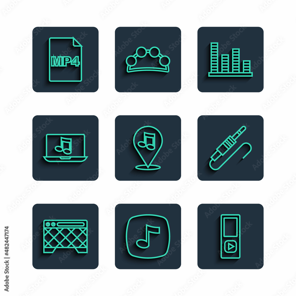Set line Guitar amplifier, Music note, tone, player, equalizer, Location musical, Laptop with, MP4 file document and Audio jack icon. Vector Set line Guitar amplifier, Music note, tone, player, equalizer, Location musical, Laptop with, MP4 file document and Audio jack icon. Vector