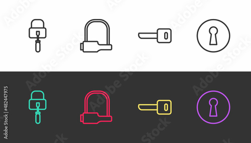 Set line Lock picks for lock picking, Bicycle, Key and Keyhole on black and white. Vector