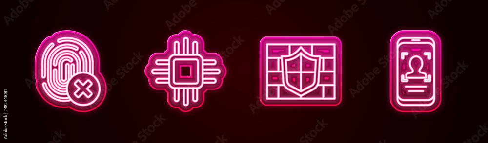 Set line Cancelled fingerprint, Processor with microcircuits CPU, Shield brick wall and Mobile and face recognition. Glowing neon icon. Vector Set line Cancelled fingerprint, Processor with microcircuits CPU, Shield brick wall and Mobile and face recognition. Glowing neon icon. Vector