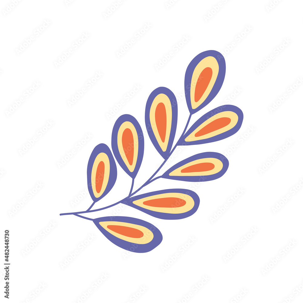 Obraz premium Abstract branch in bright colors. Vector isolated illustration hand drawn. Multicolor twig magic floral element. Botanical exotic plant on a white background