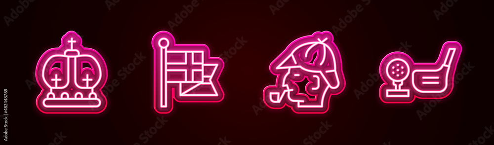 Set line British crown, England flag on flagpole, Sherlock Holmes and Golf club with ball tee. Glowing neon icon. Vector Set line British crown, England flag on flagpole, Sherlock Holmes and Golf club with ball tee. Glowing neon icon. Vector
