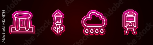 Set line Stonehenge, Vintage street light, Cloud with rain and Tram and railway. Glowing neon icon. Vector