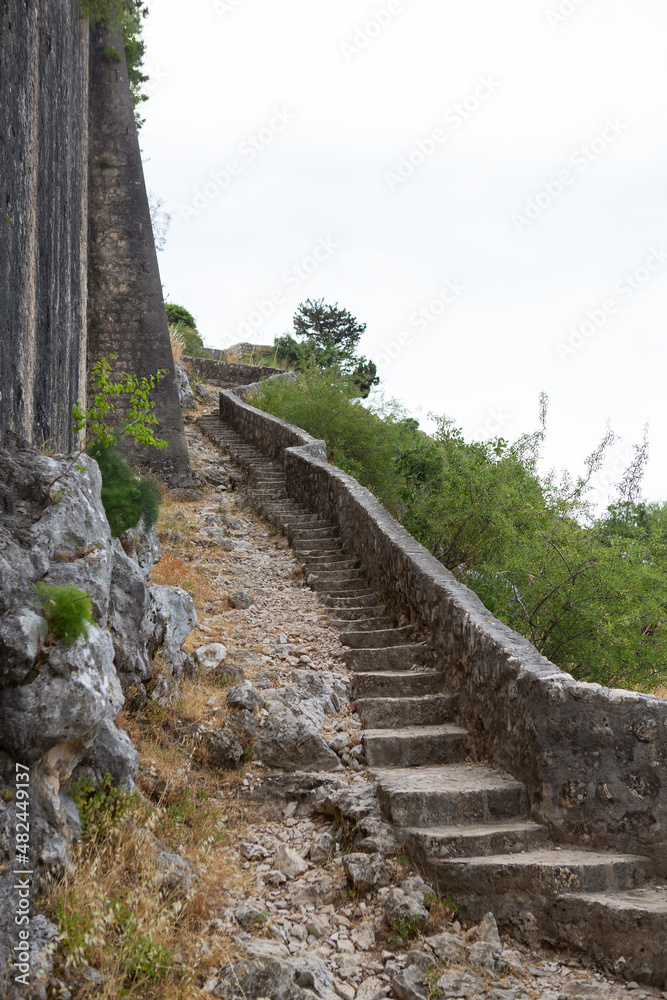 Kotor, July 3, 2021: Ancient fortress wall in the Old Town of Kotor, Montenegro.
