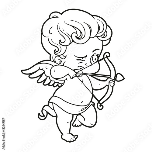 Cute cartoon cupid archer standing outlined for coloring on white background