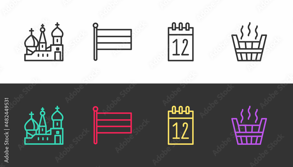 Set line Saint Basil's Cathedral, National Russia flag, Calendar 12 june and Sauna bucket on black and white. Vector Set line Saint Basil's Cathedral, National Russia flag, Calendar 12 june and Sauna bucket on black and white. Vector