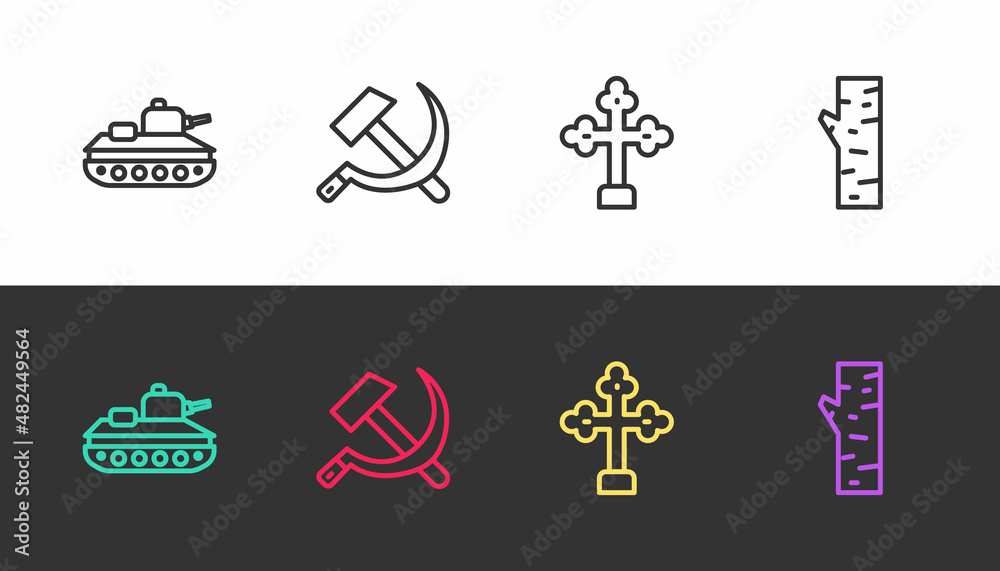 Set line Military tank, Hammer and sickle USSR, Christian cross and Birch tree on black and white. Vector Set line Military tank, Hammer and sickle USSR, Christian cross and Birch tree on black and white. Vector
