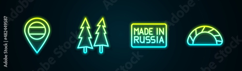 Set line Location Russia, Christmas tree, Made in and Dumpling. Glowing neon icon. Vector