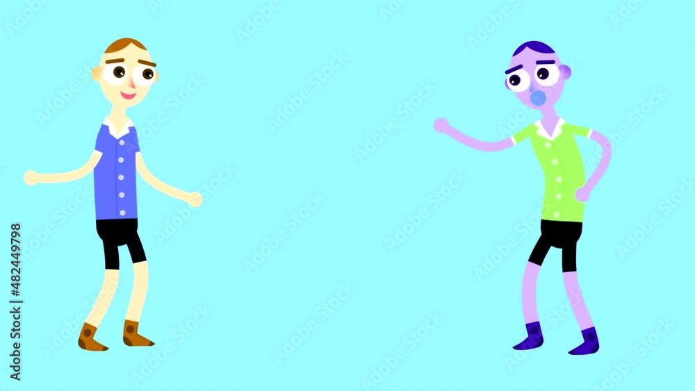 Two boys are standing and talking, gesticulating with their hands. Abstract animated background with full length flat hand drawn character.