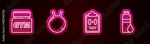 Set line Sports nutrition, Kettlebell, training program and Fitness shaker. Glowing neon icon. Vector