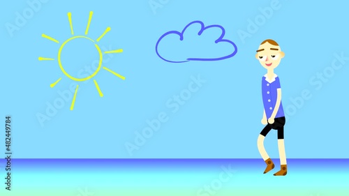 A painted boy with big eyes walks on a blue background with olak and sun. Abstract animated background with a long-legged hand-drawn character. photo