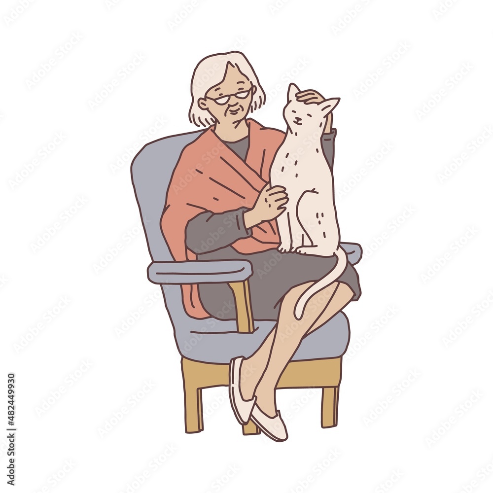 Elderly woman is sitting in a chair and stroking cat pet. Doodle contour line illustration.