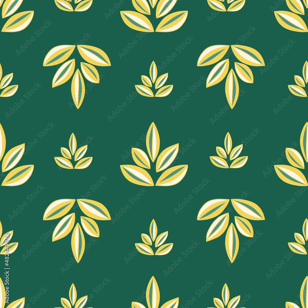 Obraz premium Seamless pattern abstract lotus flower. Yellow and green color of petals. Symbol of spirituality, yoga and meditation. Green background. Colorful vector illustration hand drawn wrapping print
