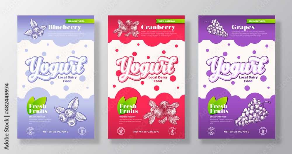 Fruits, Berries Yogurt Label Templates Set. Abstract Vector Dairy Packaging Design Layouts Collection. Modern Banner with Hand Drawn blueberry, cranberry, grapes Sketches Background Isolated